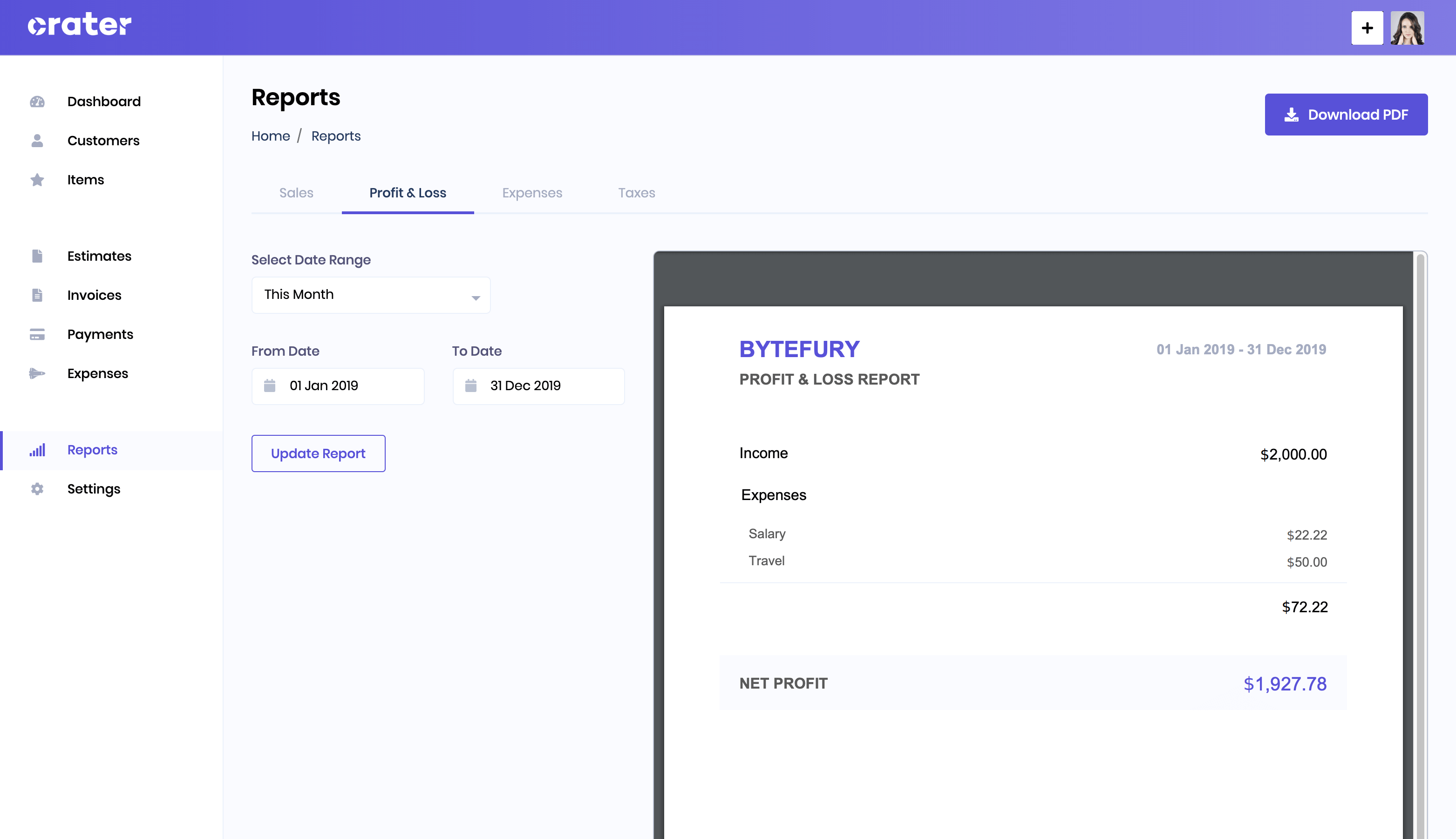 Profit & Loss Report Page